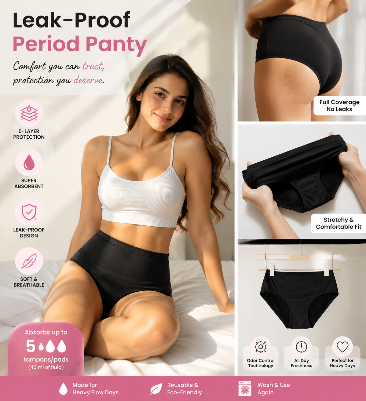 Leak-Proof Reusable Period Panty | Pack of 2 (Black + Beige)