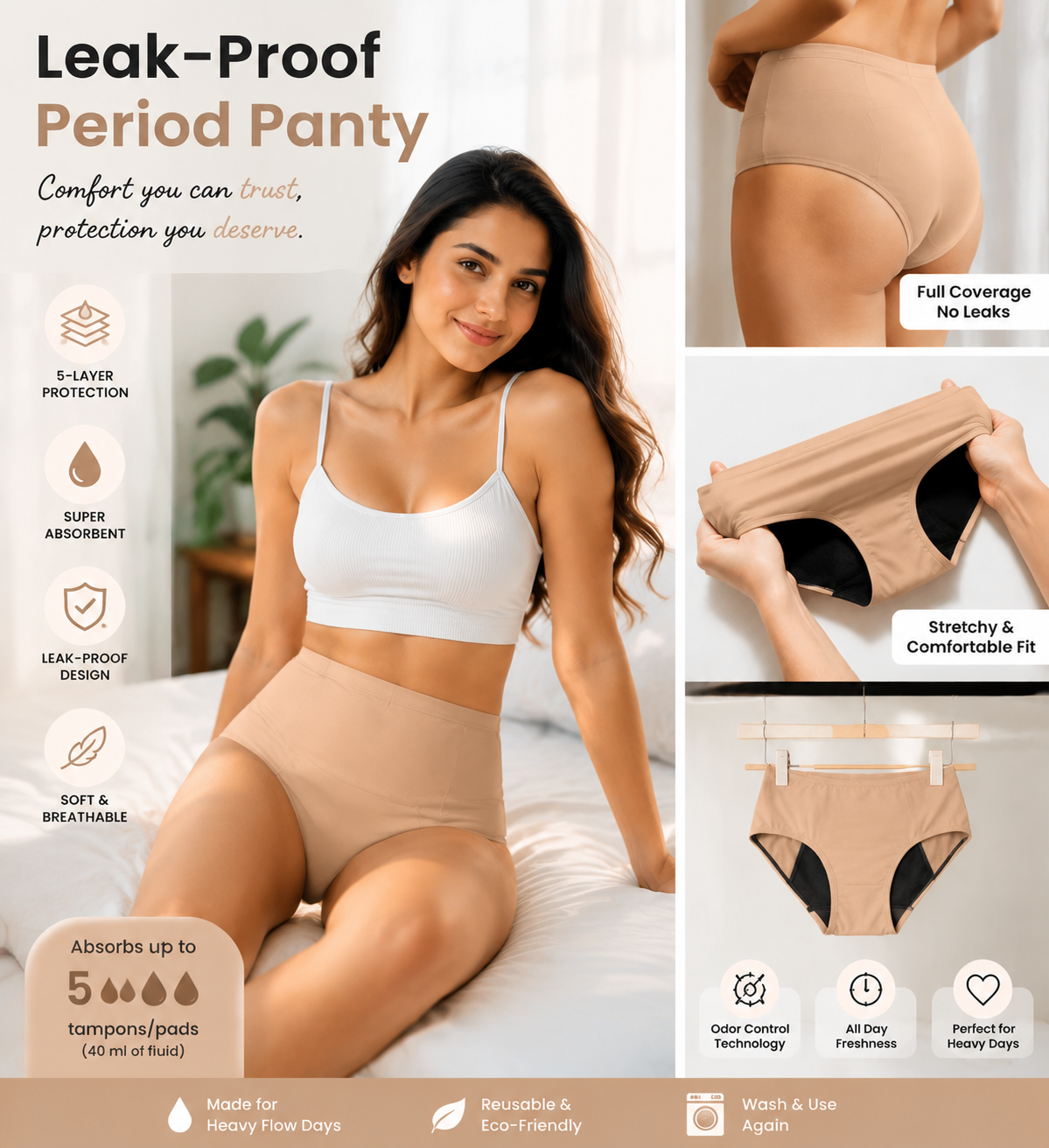 Leak-Proof Reusable Period Panty | Pack of 2 (Black + Beige)