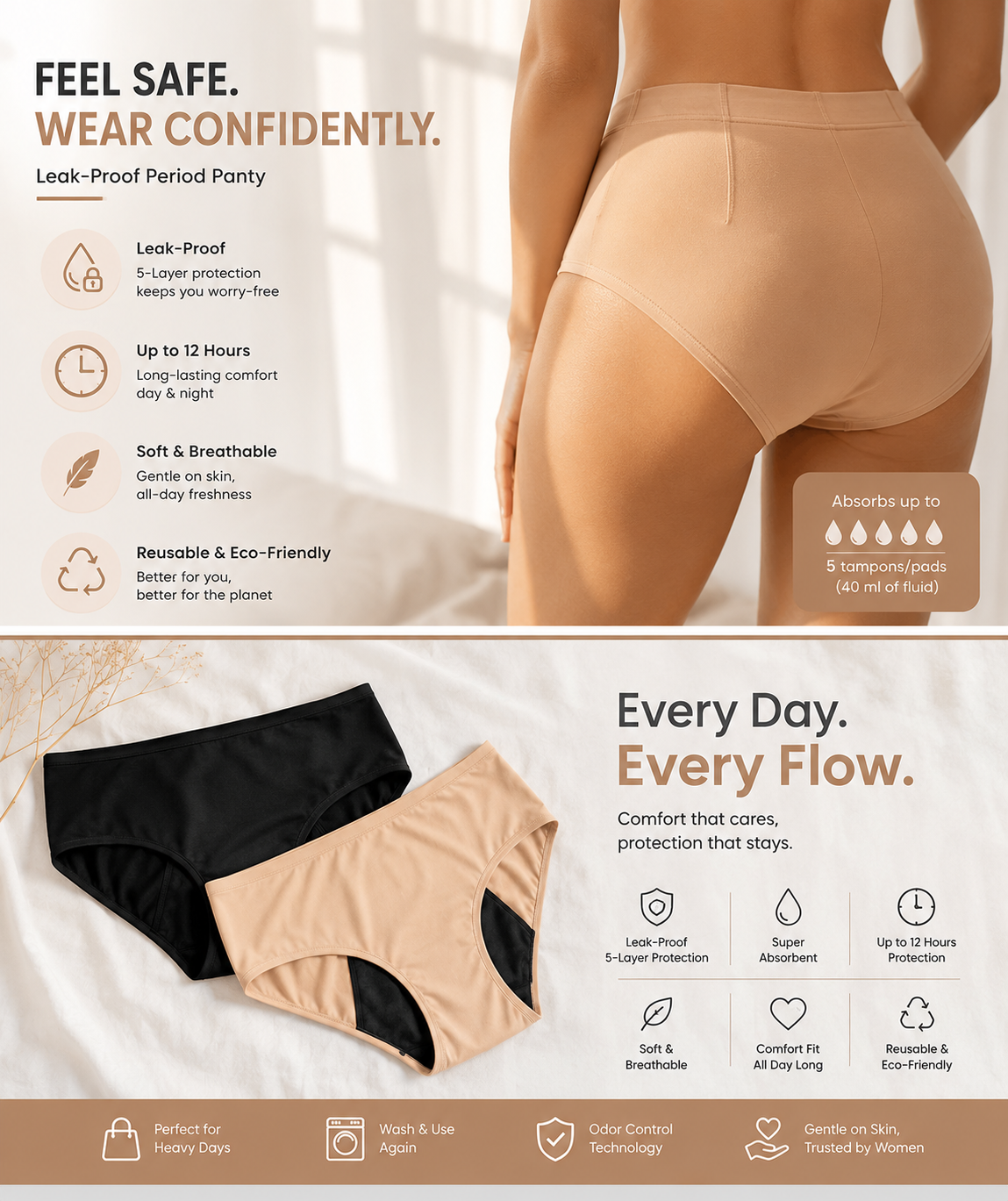 Leak-Proof Reusable Period Panty | Pack of 2 (Black + Beige)