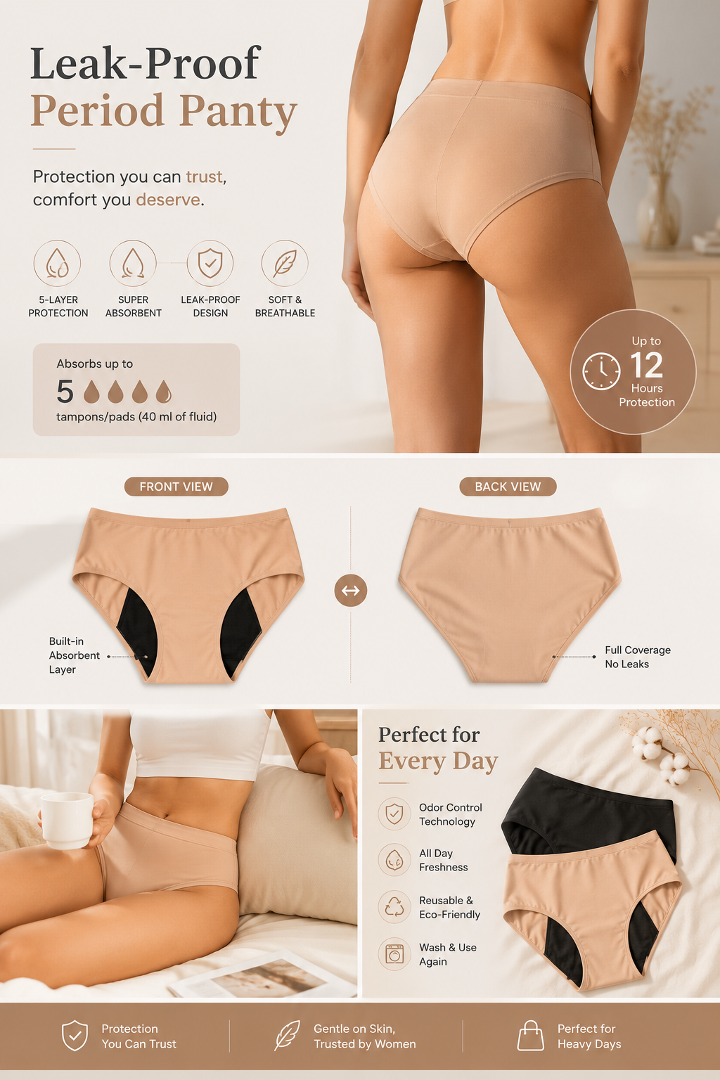 Leak-Proof Reusable Period Panty | Pack of 2 (Black + Beige)